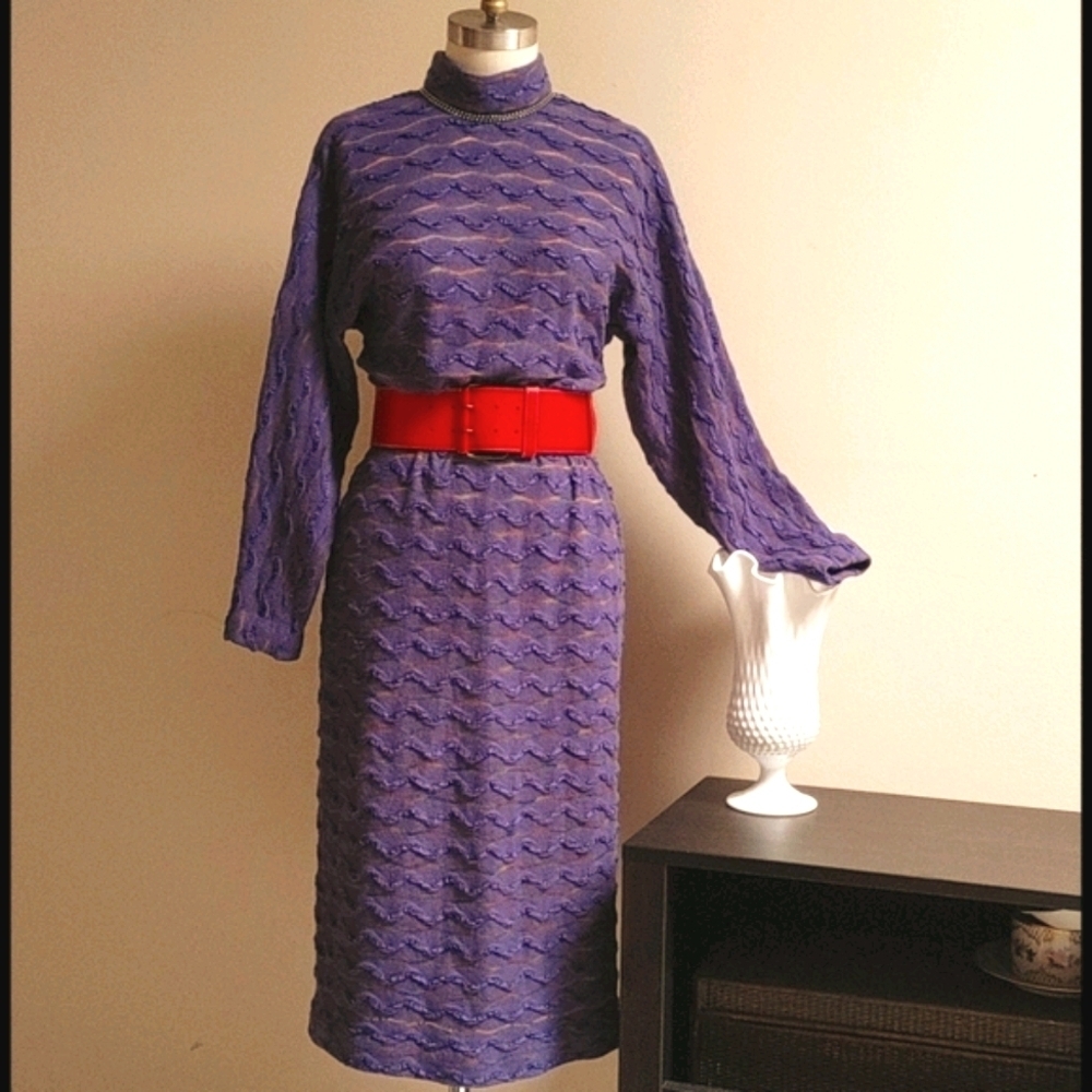 Vintage 80s Purple Long Shift Dolman Sleeves Dress with Texture - Picture 1 of 16